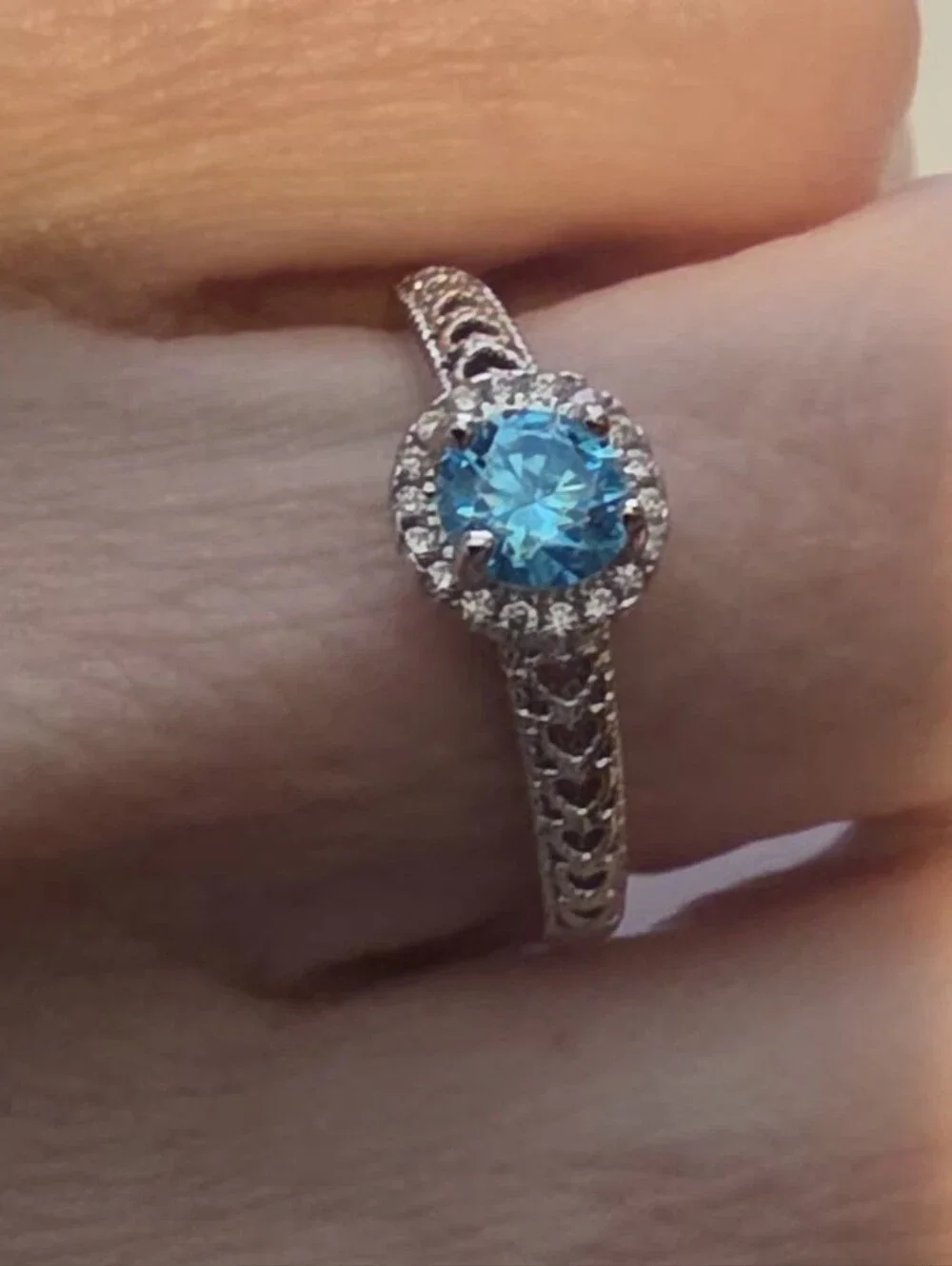 Silver Halo Ring with Blue Center Stone